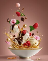 Una fotograf&iacute;a de primer plano de un helado con salsa de caramelo y frutos rojos en un cuenco.