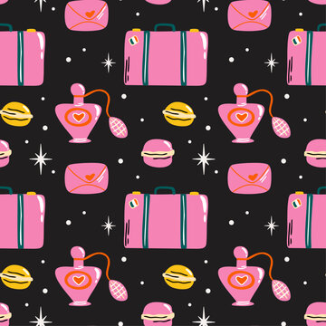 Paris aesthetic seamless vector pattern with cute girly cartoon retro illustration of perfume, suitcase, macaroons, lifestyle elements for travel to France design concept