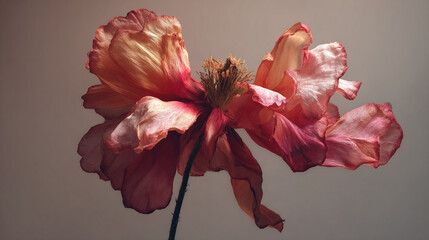 A close-up view of a delicate, aged flower with gracefully drooping petals, revealing intricate textures and soft hues