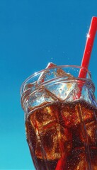Una refrescante bebida carbonatada con hielo y una pajita roja contra un cielo azul vibrante.