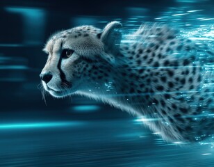 Un guepardo estilizado se funde con un torrente de luz azul, simbolizando la velocidad y la tecnolog&iacute;a.