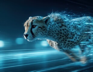 Un guepardo en plena carrera, envuelto en un aura de energ&iacute;a azul.