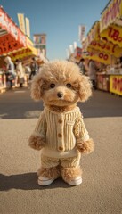 Un adorable poodle vestido con un conjunto de punto y zapatillas deportivas, posando con confianza en un mercado vibrante.