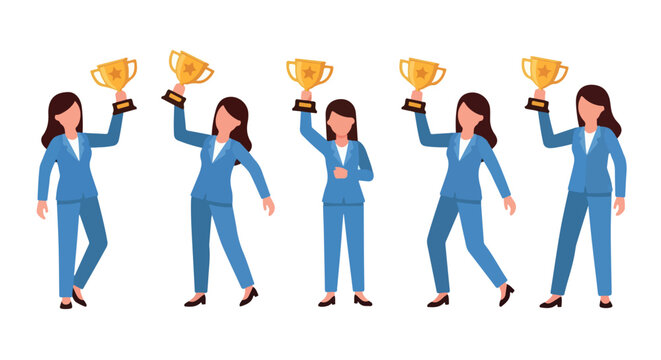 Businesswomen celebrating with trophies with transparent background