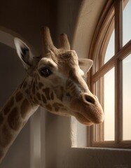 Un retrato &iacute;ntimo de una jirafa asom&aacute;ndose a una ventana iluminada por el sol naciente.