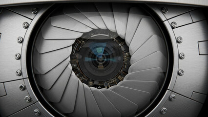 Close-up of a robotic eye with a camera lens and metallic iris, symbolizing surveillance and technology
