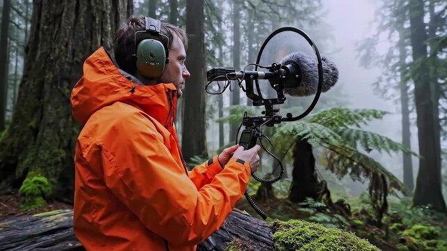 White male sound recordist in forest capturing ambient sound with shotgun microphone, wearing orange jacket and headphones, standing on mossy log among towering firs and ferns, misty damp