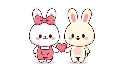 Fototapeta premium Two cute cartoon rabbits holding a heart, one with a pink bow and overalls, against a clean white background with a sweet and loving mood.