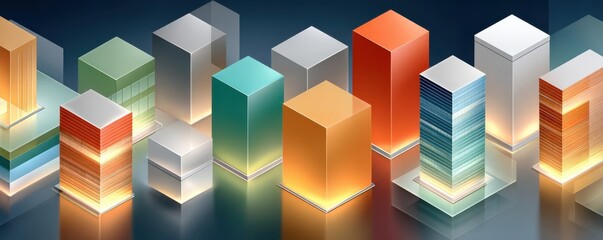 Isometric illustration of a futuristic city with AI digital twin and linked skyscrapers at dusk