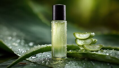 Un frasco de aceite de aloe vera sobre una hoja verde brillante, simbolizando la tranquilidad y el cuidado natural.