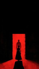 Una silueta femenina se adentra en un portal rojo intenso, simbolizando una transici&oacute;n misteriosa y posiblemente peligrosa.