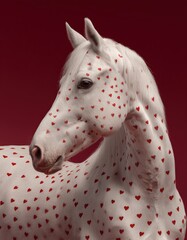 Un majestuoso caballo blanco cubierto de corazones rojos vibrantes.