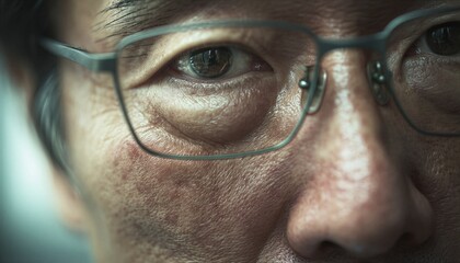 Primer&iacute;simo plano de los ojos de una persona mayor con gafas, revelando la textura de la piel y una expresi&oacute;n de introspecci&oacute;n.