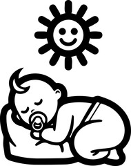 Fototapeta premium Minimalist black outline icon of a sleeping baby on a pillow with a smiling sun symbol above for parenting and childcare concepts