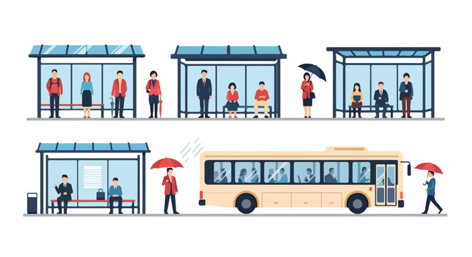 Bus stop scene with people waiting and a bus