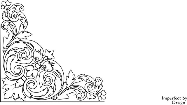 Intricate hand-drawn floral corner ornament with baroque scrollwork and filigree details for classic invitations and designs