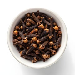Fototapeta premium Natural Clove Buds on White Solid Background, Close-Up of Aromatic Organic Spice Buds with Textured Surface, Botanical Detail Highlighting Exotic Warm Aroma, Flavor, and Culinary Tradition