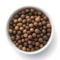 Natural Allspice Seeds on White Solid Background, Close-Up of Organic Aromatic Spice Seeds with Textured Surface, Botanical Detail Highlighting Warm Flavor, Exotic Aroma, and Culinary Tradition