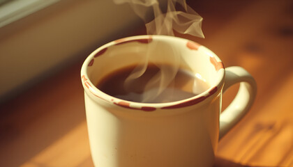 Obraz premium Steaming coffee served in a chipped ceramic mug, warm vintage color palette, soft haze and film grain