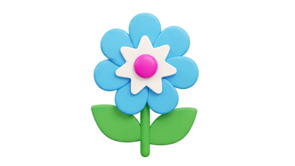 3D Rendered Blue Flower with Pink Center and Green Leaves