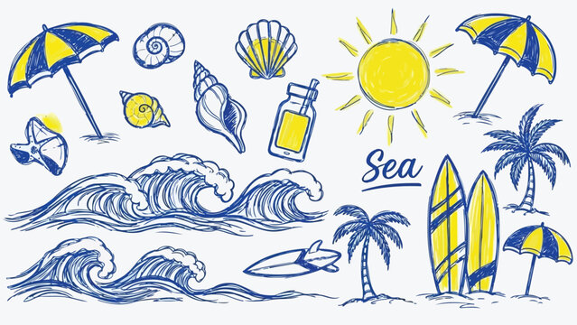 Summer beach doodle vector set with sun surfboards and tropical leaves