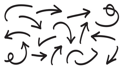 Hand drawn arrows in various directions with dynamic movement in black ink on white background for graphic design