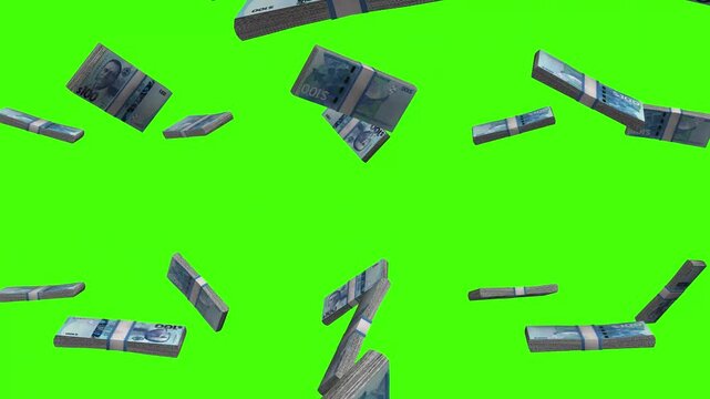 Belize Dollar banknotes falling on green screen, BZD currency rain