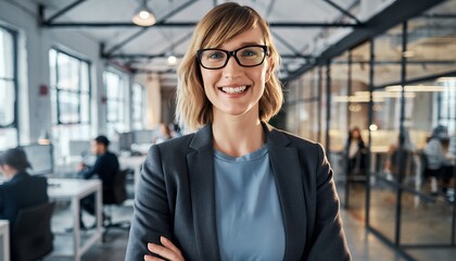 Confident female executive smiling, arms crossed, standing in bright modern office with colleagues working, concept for recruitment presentation, professional identity and corporate branding