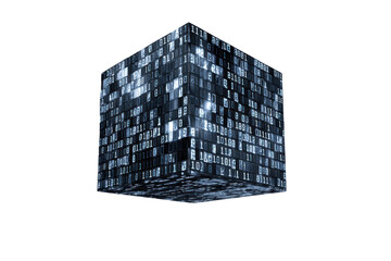 Glowing blue binary code cube against a black background digital data