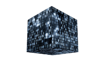 Glowing blue binary code cube against a black background digital data