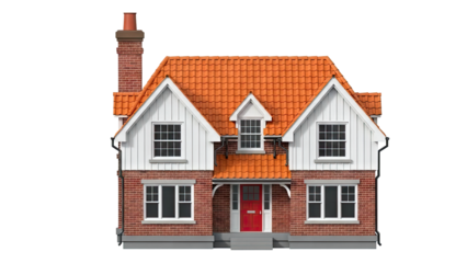 Red brick house with orange tiled roof and red door