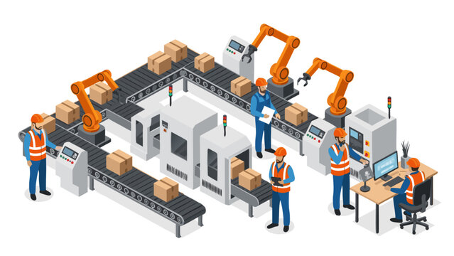 Isometric vector illustration of an automated factory production line with robotic arms and workers
