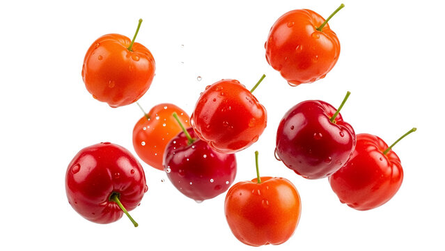 Vibrant and juicy acerola cherries with glistening water drops caught in dynamic mid-air movement on a pristine white background. A celebration of