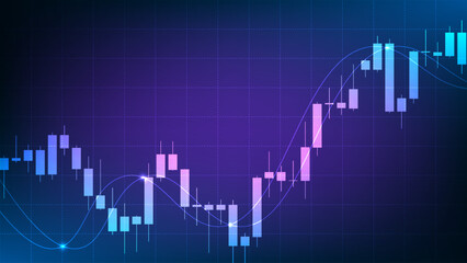 Abstract financial stock market graph with candlestick chart and indicator lines on blue background. Digital investment and trading concept.