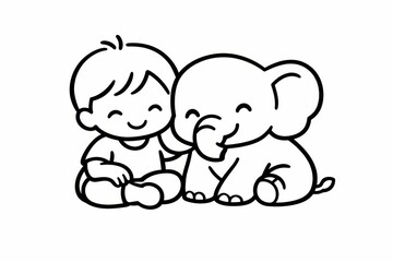 Fototapeta premium Simple, adorable line illustration of a smiling child cuddling beside a baby elephant, perfect for kids? coloring pages, nursery decor, preschool worksheets, and storybooks.