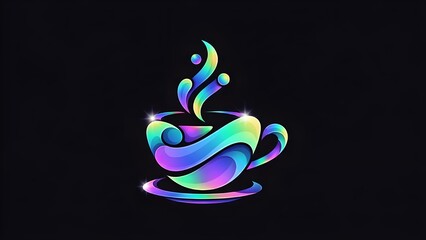 Vibrant 3D iridescent coffee cup logo with fluid shapes and holographic colors