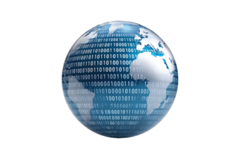 Blue globe with binary code and continents on black background earth world