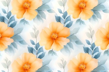 Obraz premium Vibrant Floral Pattern with Soft Orange Flowers and Green Leaves on a Light Background