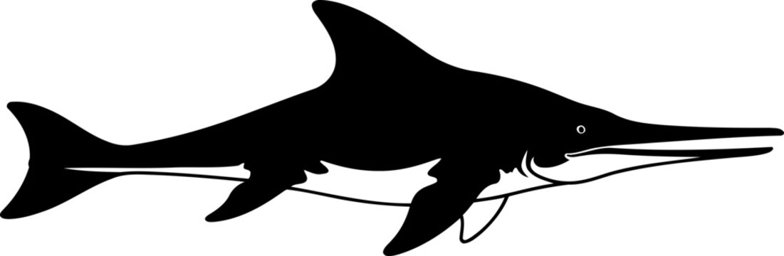 Detailed ichthyosaur marine reptile silhouette, depicted swimming with an elongated snout.
