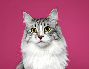 Obraz premium Adorable young kitten with soft fur and bright eyes, a cute domestic feline pet portrait of a kitty looking forward, isolated on a white and red background with a red bow