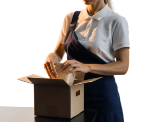 Close up professional photograph of a woman wearing a crisp white polo shirt and dark navy blue apron carefully, isolated on transparent background