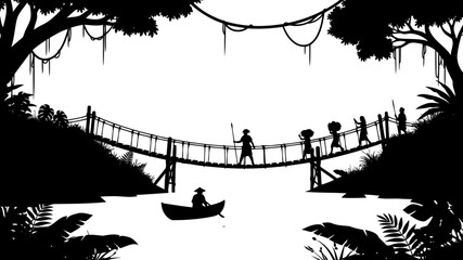 Obraz premium Jungle river scene silhouette, featuring people crossing a rope bridge and a boat.