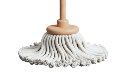 Close-up of a decorative white mop head with wooden handle