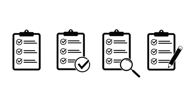 A set of checklist icons on clipboards with various verification tools