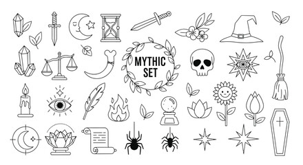 Obraz premium A collection of mystical and mythical symbols in a simple line drawing style