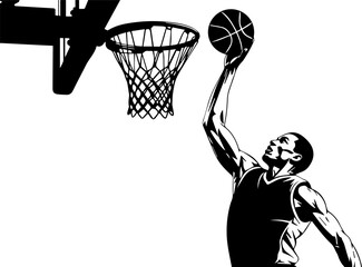 Artistic Illustration of a Basketball Player Jumping to Slam Dunk a Ball into the Hoop © Vectors Studio