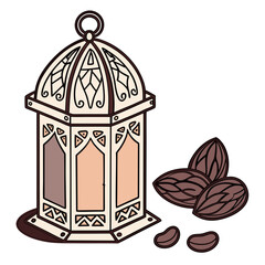 Ramadan Kareem Lantern and Dates Composition on White Background, Traditional Islamic Holiday Celebration Elements