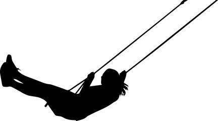 Silhouette of a person swinging high against a white background, concept of freedom and childhood joy