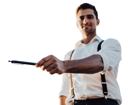 Confident smiling businessman pointing forward with a black stylus pen, wearing a crisp white rolled up sleeve, isolated on transparent background - Powered by Adobe