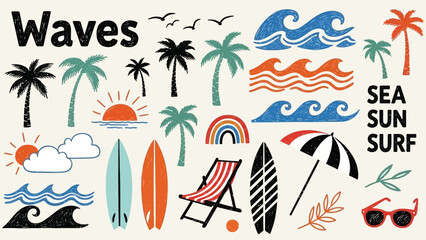 Obraz premium Tropical summer elements including waves palm trees surfboards and sunset illustration